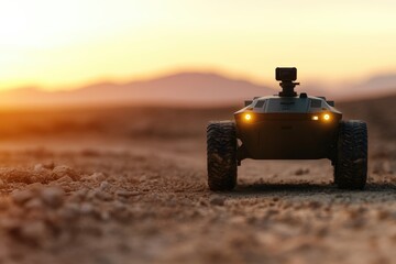 Advanced unmanned combat vehicle with AI navigation system traversing desolate terrain during autonomous reconnaissance mission, showcasing modern military technology capabilities
