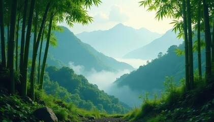 Serene bamboo forest, mist-shrouded mountains , clouds, mountain