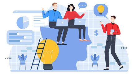 Three people creatively brainstorming together, ideal for business, teamwork, innovation, and collaboration concepts in marketing and design projects.