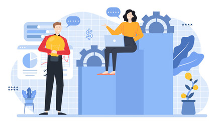 Two people collaborating with a lightbulb and a laptop, suitable for business, creativity, brainstorming, startup concepts in design projects.