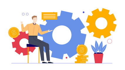 Creative concept of man on gear, pointing at gold coins. Business, finances, wealth management, investment, planning, success, strategy, leadership visuals.