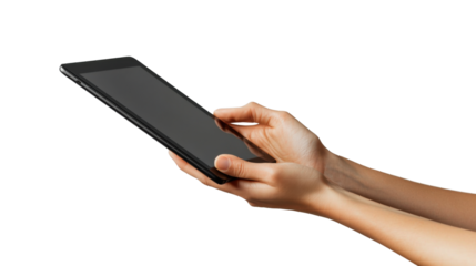 Hand using black tablet on white background 