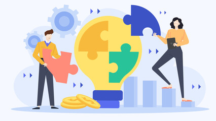 Two people creatively solving a problem together. Perfect for illustrating teamwork, collaboration, innovation, problem-solving, and brainstorming concepts visually.