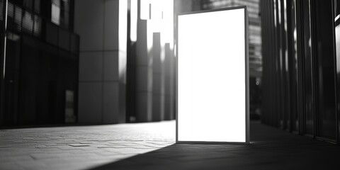 A white sign is on a sidewalk in a city. The sign is empty and the background is mostly black and white