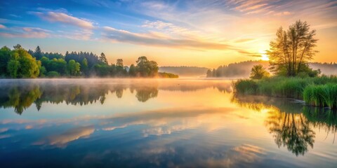 Obraz premium Serene lake at sunrise with gentle ripples on its surface, surrounded by mist and lush greenery , sunrise