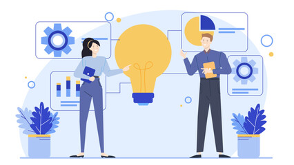 Two people discussing new idea near lightbulb. Suitable for business concepts, brainstorming, creativity, teamwork, collaboration, innovation, and strategy.