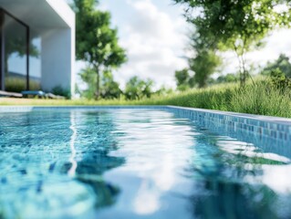 A modern outdoor swimming pool in a residential backyard, showing water ripples and clear blue color.