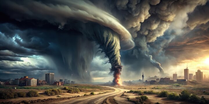 A massive tornado tears through a desolate landscape, leveling everything in its path as it carries debris and rubble in its wake , Devastating storm, Ruined townscape