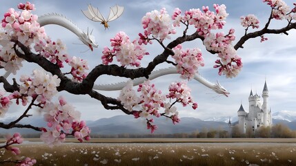 Fototapeta premium Enchanting fantasy landscape with blooming cherry trees and a majestic castle