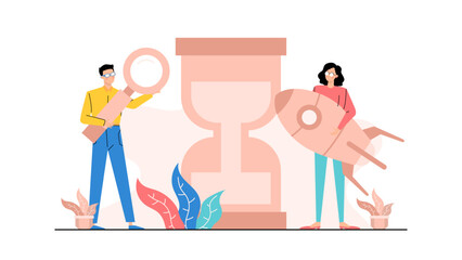 Conceptual photo of a man with a magnifying glass and a woman with a rocket by a large hourglass, symbolizing time and exploration. Suitable for innovative concepts.