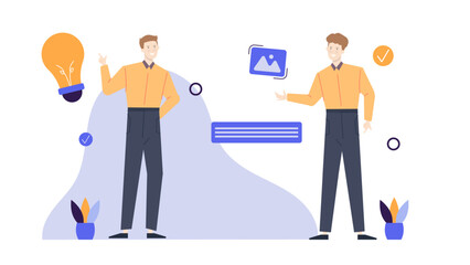 Two men holding a lightbulb together, symbolizing teamwork, collaboration, innovation, brainstorming. Suitable for business, ideas, partnership concepts.