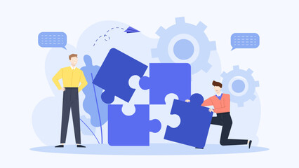 Two men assemble blue puzzle pieces together. Suitable for teamwork, problem solving, collaboration concepts in business presentations, educational materials, and websites.