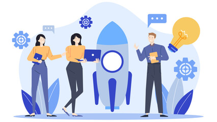 Three people near a rocket with a lightbulb, reflecting creativity and innovation; suitable for science, technology, and innovation concepts.