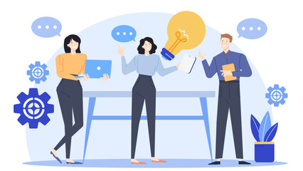 Three coworkers collaboratively brainstorming with technology devices laptops, tablet, and lightbulb, ideal for business and creative concepts.