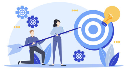 Two people targeting a lightbulb at a goal. Suitable for ideas, innovation, teamwork, success concepts in business or education projects.