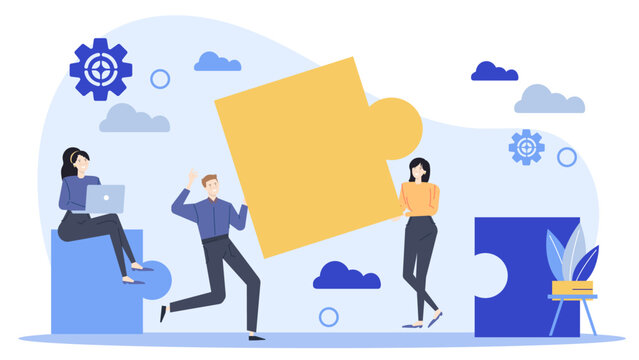 Three people holding a yellow puzzle piece. Teamwork, cooperation, problem-solving concepts suitable for business presentations, education materials, social media.