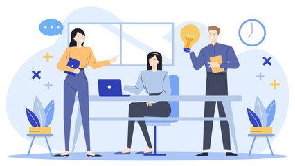 Three people in a meeting room brainstorming ideas, illuminated by a lightbulb. Perfect for business strategy and creativity concepts.