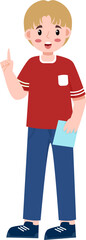 Cartoon Boy with Blond Hair Holding Paper and Pointing Upward.