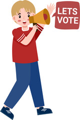Boy with Megaphone Urging Vote, Cartoon Style, Speech Bubble.