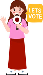 Cartoon woman encouraging voting with sign and speech bubble.