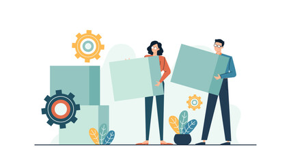 Technology professionals holding up large blocks next to gear icons, suitable for illustrating innovation, teamwork, problem-solving in tech projects.