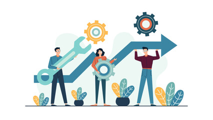 Three people collaborating on process improvement, ideal for illustrating teamwork, cooperation, problem-solving, brainstorming, business strategy, and productivity concepts.