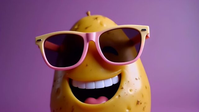 An animated potato character wears sunglasses against a vibrant pink backdrop