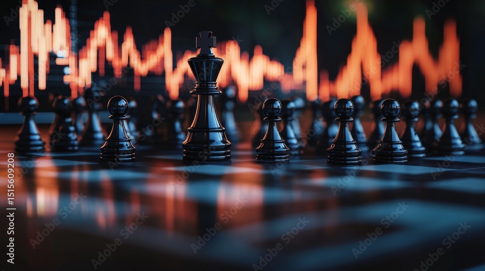 Poster strategic showdown chessboard with rising and falling pieces digital arena game visualization dynami