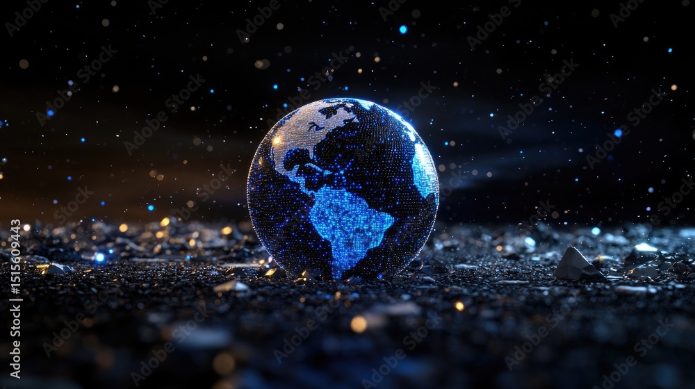 Poster High-tech data globe with luminous dots and digital mesh floating in dark virtual space