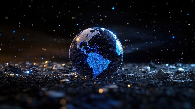 High-tech data globe with luminous dots and digital mesh floating in dark virtual space