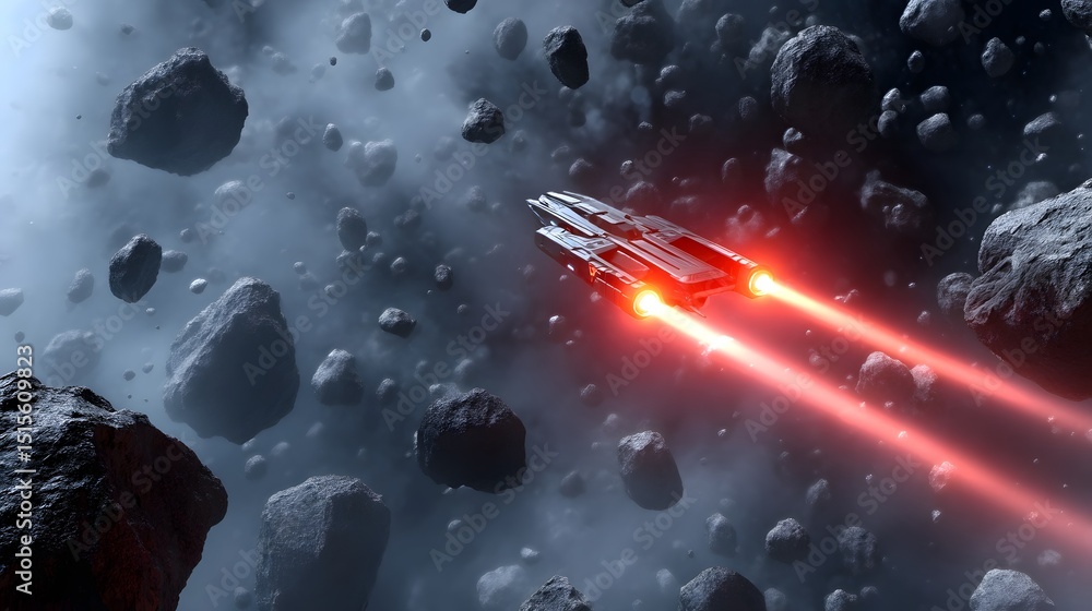 Poster futuristic spaceship navigating through an asteroid field during a fierce space battle.