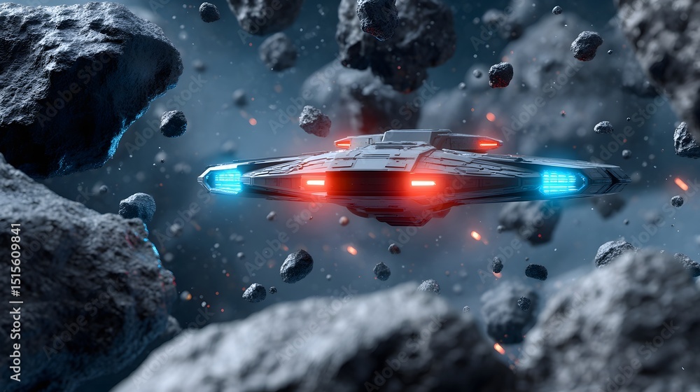 Aufkleber futuristic spaceship navigating through an asteroid field in a sci-fi space battle scene.
