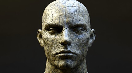 Close-up of a sculpted human head with deep crevices.