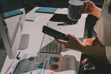 Expert woman asian female people review data number costing managerial account prepare monthly...