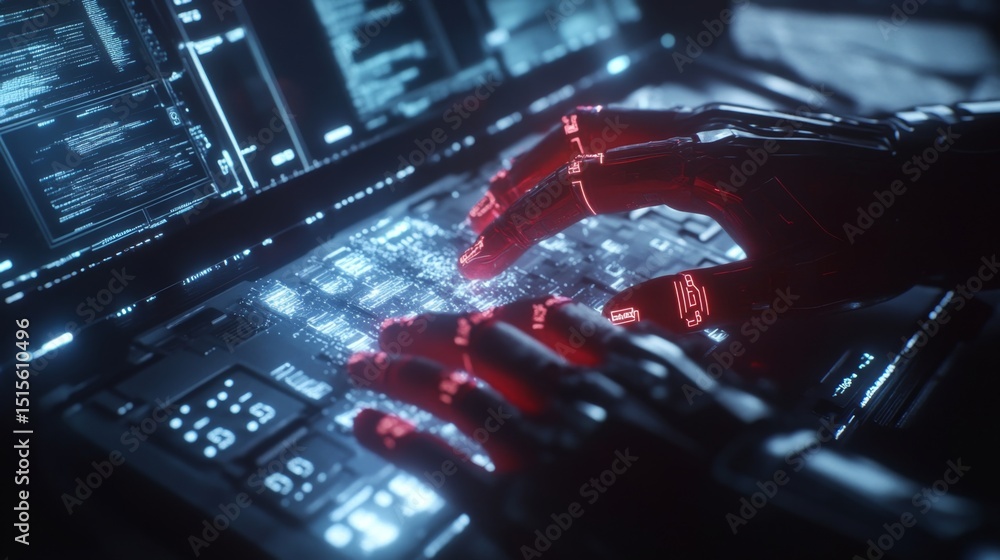 Poster closeup of hands on keyboard cracking advanced systems digital workspace cybersecurity futuristic en