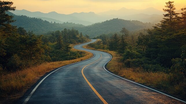 Serpentine asphalt road amidst dense forest and hazy distant mountains under dramatic sky perspective - Powered by Adobe