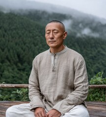 A man is sitting on a bench in the woods