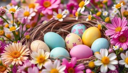 Fototapeta premium Vibrant pastel Easter eggs nestled amongst fresh spring blooms, celebration, spring decorations