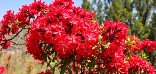 Vibrant red blooms of wild flowering tree in natural setting, red tree, petal