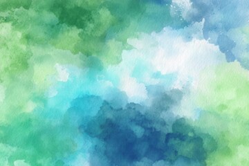 A green and blue watercolor painting with a blue sky
