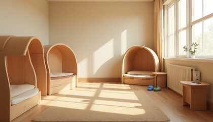 Fototapeta premium Indoor Room with Resting Nook Pods and Natural Light