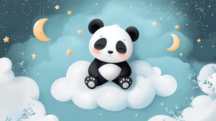 Fototapeta premium Dreamy panda adventure cute cartoon panda sitting on a cloud whimsical scene night sky playful atmosphere
