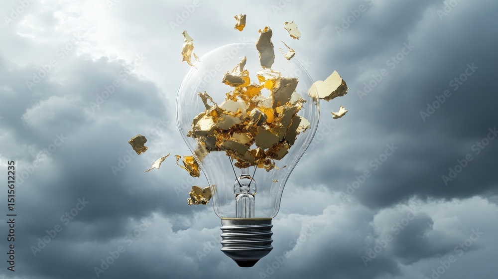 Aufkleber Conceptual image of an exploding bulb, golden fragments suspended against gray clouds