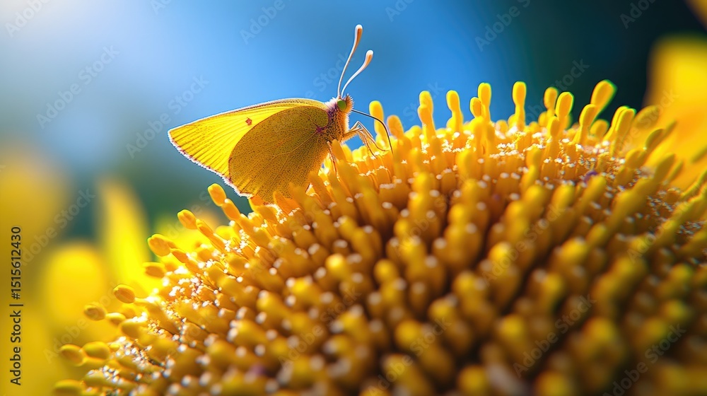 Poster close-up macro shot of butterfly's antennae resting on a flower with vivid petal detail