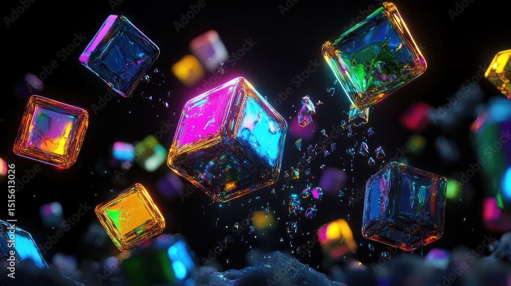 Poster bright energy beams connecting glowing cubes in a digital abstract space