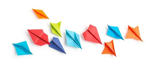 Several colorful paper airplanes isolated on white, ready for flight,  object,  background
