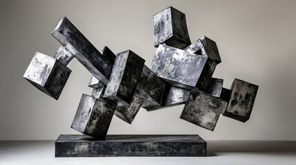 Black and white angular metal art piece with abstract modernist structure