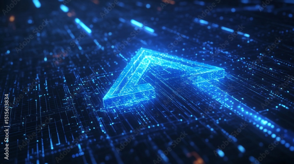 Poster dynamic blue arrow with vibrant lighting effects in a digital environment for visual content creatio