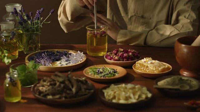 A hand uses a glass rod to stir a bottle of essential oil. Flowers are floating on the surface of the liquid. The essence from the dried flowers creates the scent of the oil. Cosmetics with herbs.