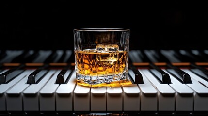 A glass of golden whiskey rests elegantly on black-and-white piano keys under moody lighting